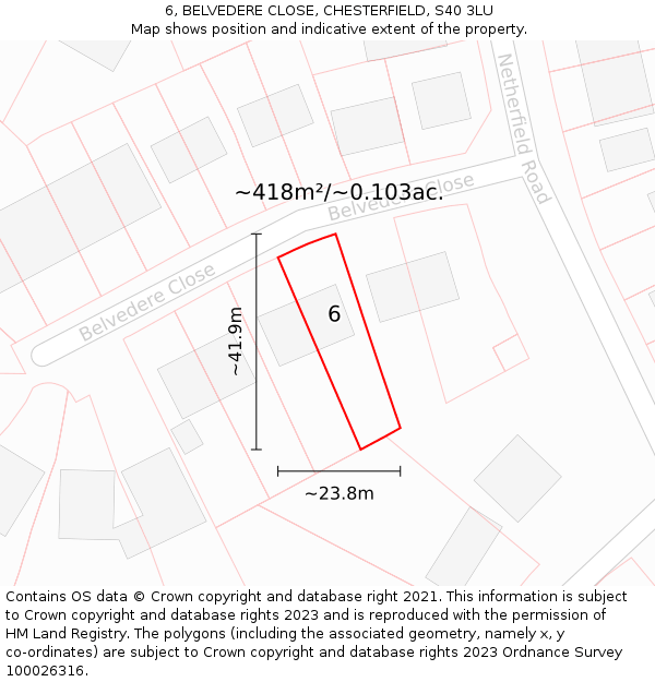 6, BELVEDERE CLOSE, CHESTERFIELD, S40 3LU: Plot and title map