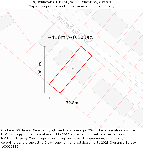 6, BORROWDALE DRIVE, SOUTH CROYDON, CR2 9JS: Plot and title map