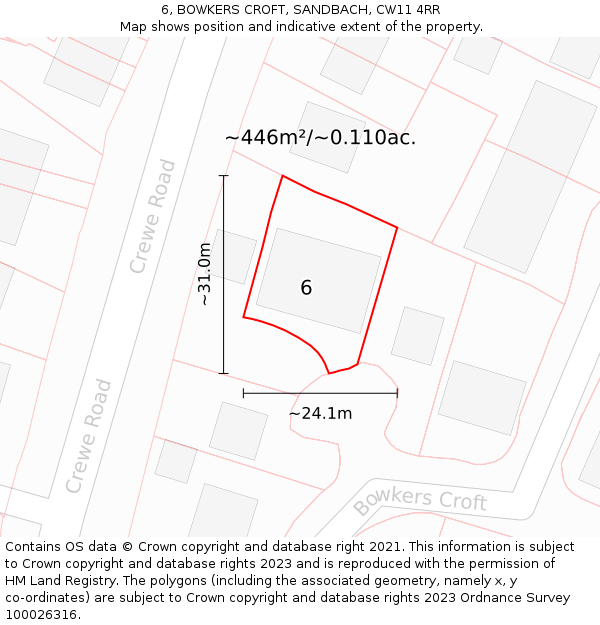 6, BOWKERS CROFT, SANDBACH, CW11 4RR: Plot and title map