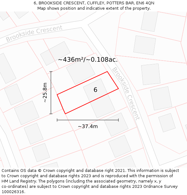 6, BROOKSIDE CRESCENT, CUFFLEY, POTTERS BAR, EN6 4QN: Plot and title map