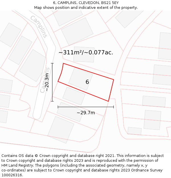 6, CAMPLINS, CLEVEDON, BS21 5EY: Plot and title map