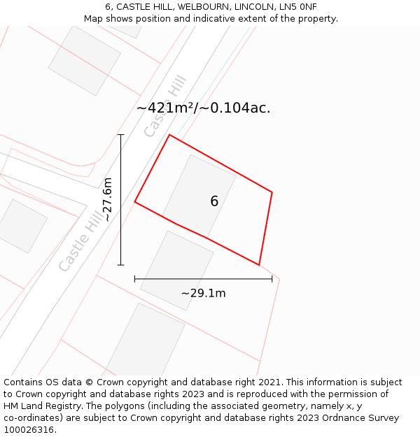 6, CASTLE HILL, WELBOURN, LINCOLN, LN5 0NF: Plot and title map