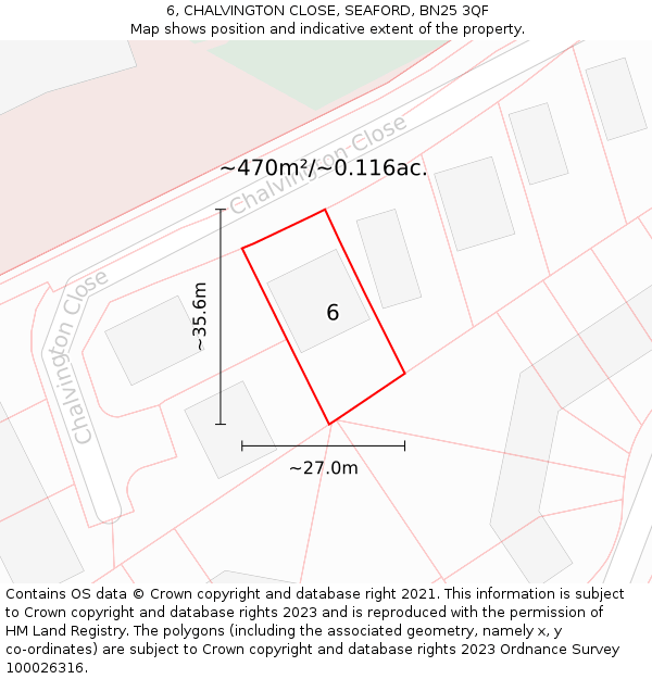 6, CHALVINGTON CLOSE, SEAFORD, BN25 3QF: Plot and title map