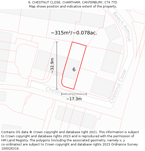 6, CHESTNUT CLOSE, CHARTHAM, CANTERBURY, CT4 7TD: Plot and title map