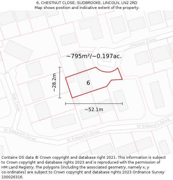 6, CHESTNUT CLOSE, SUDBROOKE, LINCOLN, LN2 2RD: Plot and title map