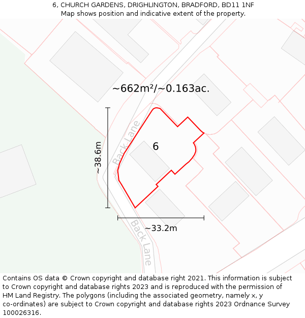 6, CHURCH GARDENS, DRIGHLINGTON, BRADFORD, BD11 1NF: Plot and title map