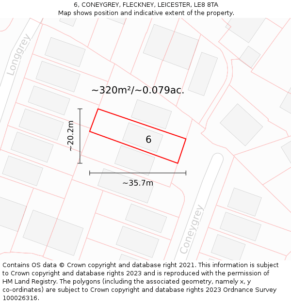 6, CONEYGREY, FLECKNEY, LEICESTER, LE8 8TA: Plot and title map