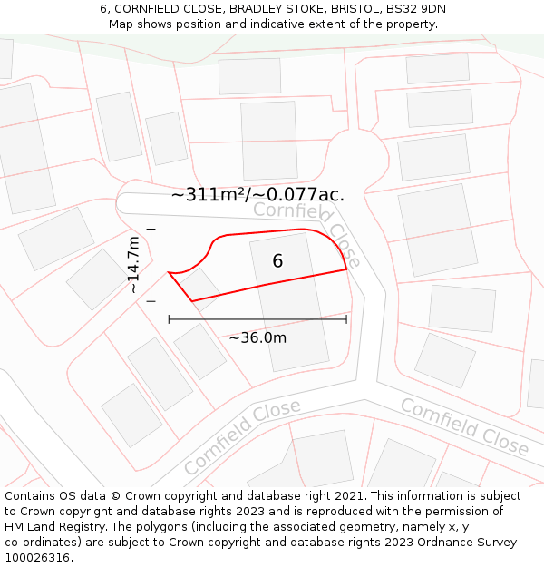 6, CORNFIELD CLOSE, BRADLEY STOKE, BRISTOL, BS32 9DN: Plot and title map