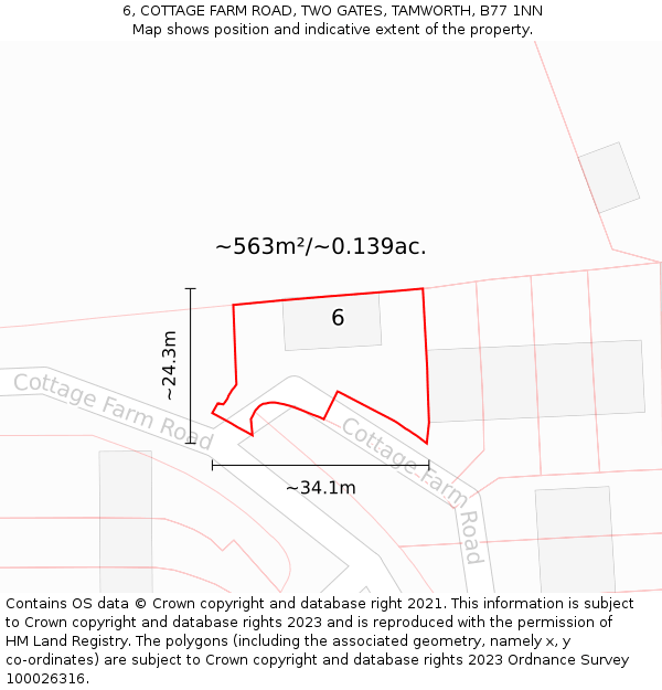 6, COTTAGE FARM ROAD, TWO GATES, TAMWORTH, B77 1NN: Plot and title map