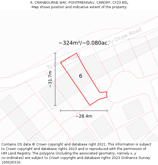 6, CRANBOURNE WAY, PONTPRENNAU, CARDIFF, CF23 8SL: Plot and title map