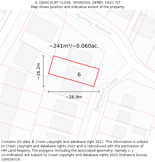 6, DEINCOURT CLOSE, SPONDON, DERBY, DE21 7LT: Plot and title map