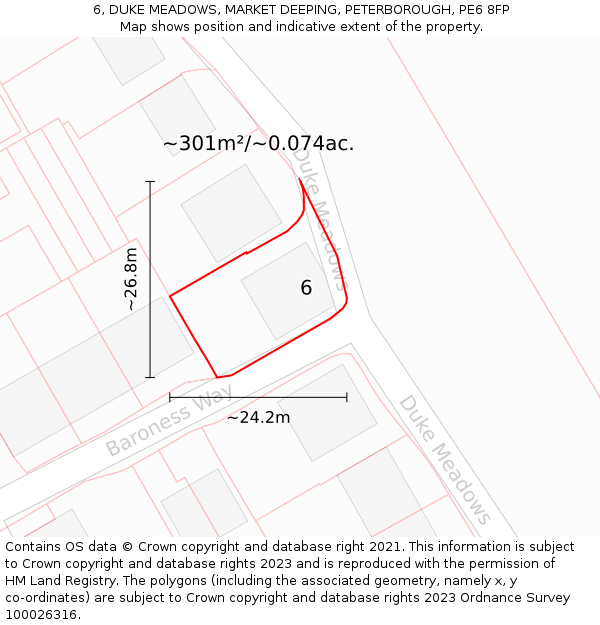 6, DUKE MEADOWS, MARKET DEEPING, PETERBOROUGH, PE6 8FP: Plot and title map