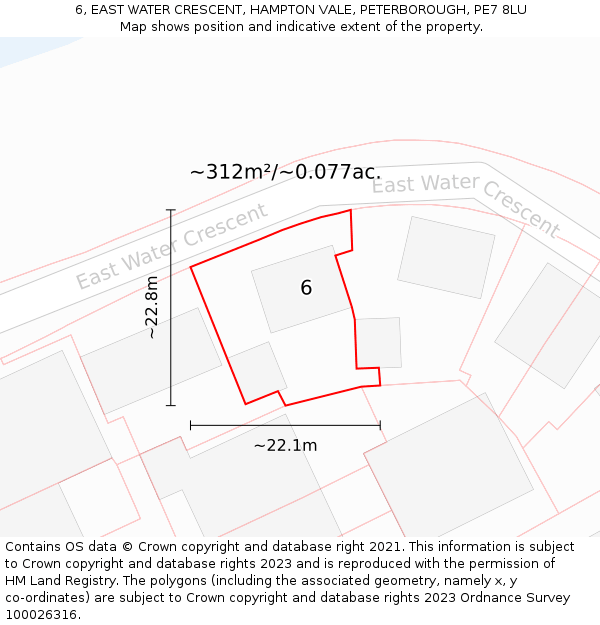 6, EAST WATER CRESCENT, HAMPTON VALE, PETERBOROUGH, PE7 8LU: Plot and title map