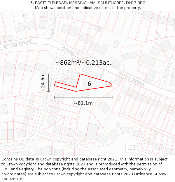 6, EASTFIELD ROAD, MESSINGHAM, SCUNTHORPE, DN17 3PG: Plot and title map