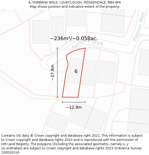 6, FAIRBANK WALK, LOVECLOUGH, ROSSENDALE, BB4 8FA: Plot and title map