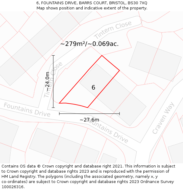 6, FOUNTAINS DRIVE, BARRS COURT, BRISTOL, BS30 7XQ: Plot and title map