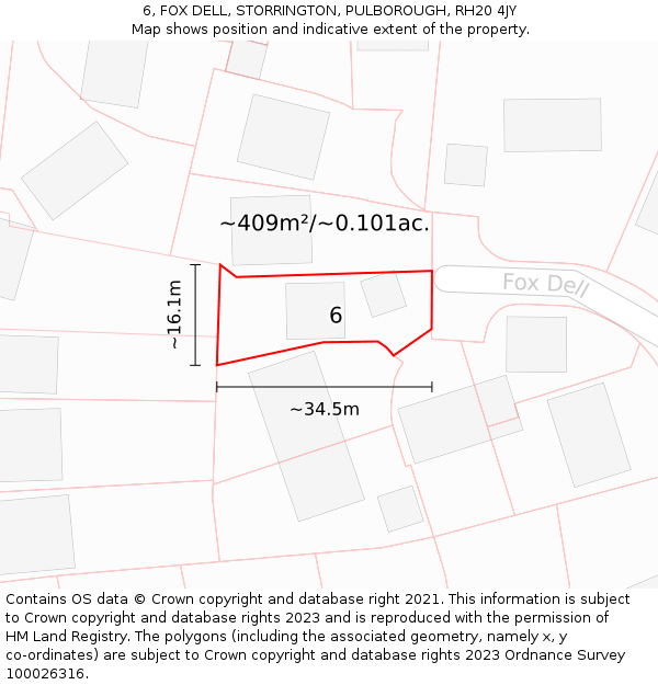 6, FOX DELL, STORRINGTON, PULBOROUGH, RH20 4JY: Plot and title map