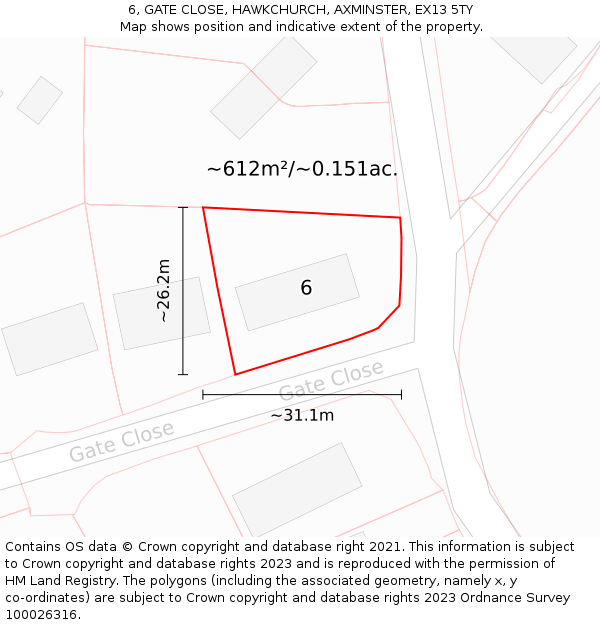 6, GATE CLOSE, HAWKCHURCH, AXMINSTER, EX13 5TY: Plot and title map