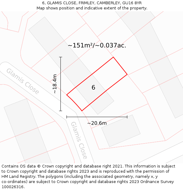 6, GLAMIS CLOSE, FRIMLEY, CAMBERLEY, GU16 8YR: Plot and title map