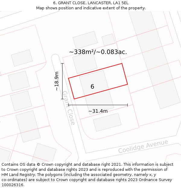 6, GRANT CLOSE, LANCASTER, LA1 5EL: Plot and title map