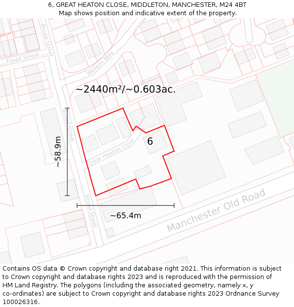 6, GREAT HEATON CLOSE, MIDDLETON, MANCHESTER, M24 4BT: Plot and title map