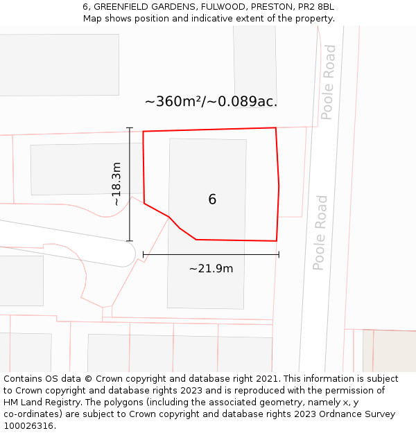 6, GREENFIELD GARDENS, FULWOOD, PRESTON, PR2 8BL: Plot and title map