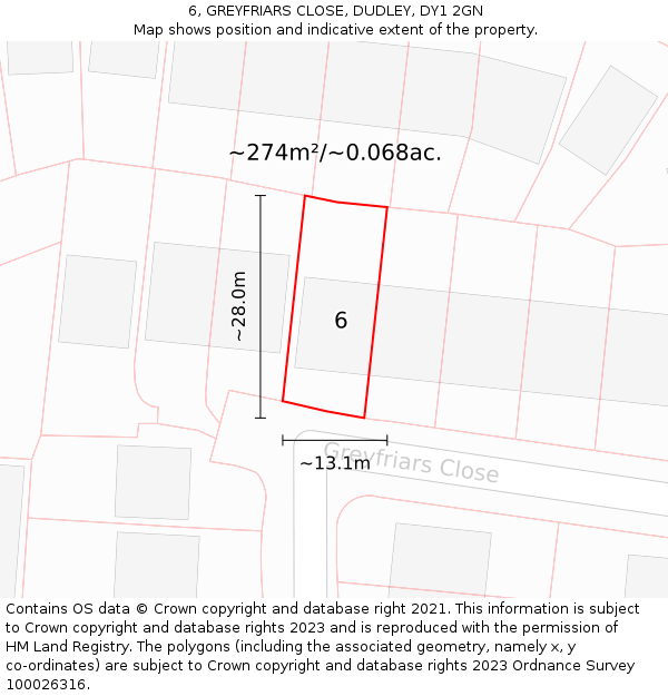 6, GREYFRIARS CLOSE, DUDLEY, DY1 2GN: Plot and title map