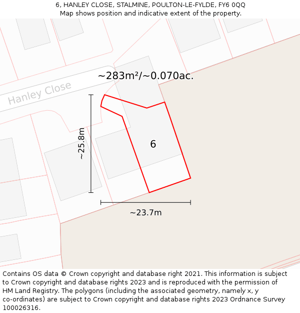 6, HANLEY CLOSE, STALMINE, POULTON-LE-FYLDE, FY6 0QQ: Plot and title map