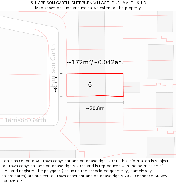 6, HARRISON GARTH, SHERBURN VILLAGE, DURHAM, DH6 1JD: Plot and title map