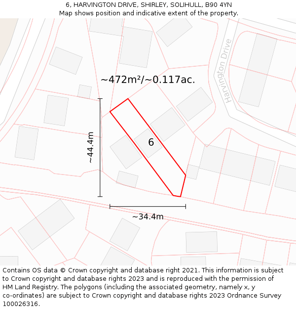 6, HARVINGTON DRIVE, SHIRLEY, SOLIHULL, B90 4YN: Plot and title map