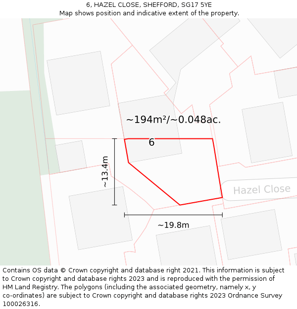 6, HAZEL CLOSE, SHEFFORD, SG17 5YE: Plot and title map