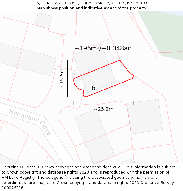 6, HEMPLAND CLOSE, GREAT OAKLEY, CORBY, NN18 8LQ: Plot and title map