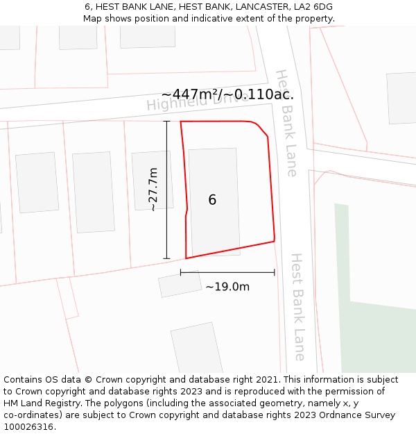 6, HEST BANK LANE, HEST BANK, LANCASTER, LA2 6DG: Plot and title map