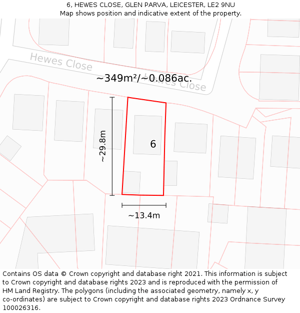 6, HEWES CLOSE, GLEN PARVA, LEICESTER, LE2 9NU: Plot and title map