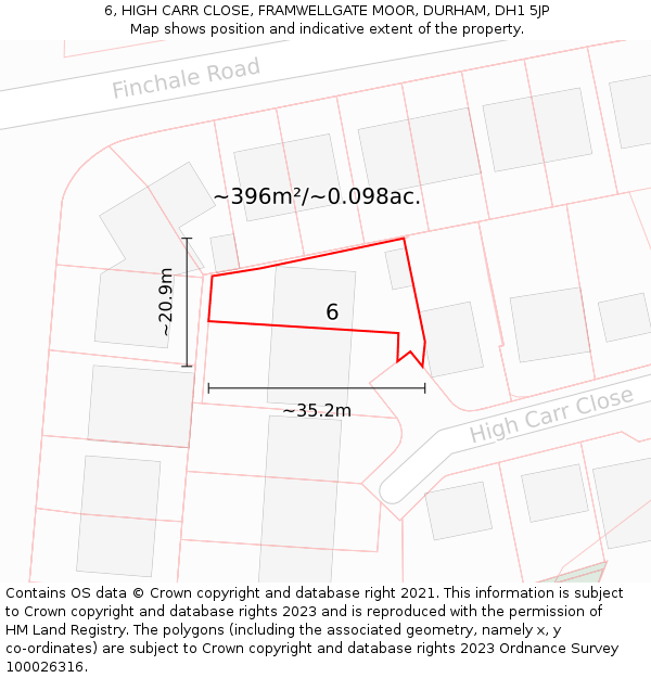 6, HIGH CARR CLOSE, FRAMWELLGATE MOOR, DURHAM, DH1 5JP: Plot and title map