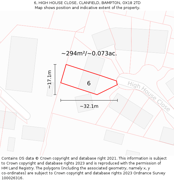 6, HIGH HOUSE CLOSE, CLANFIELD, BAMPTON, OX18 2TD: Plot and title map
