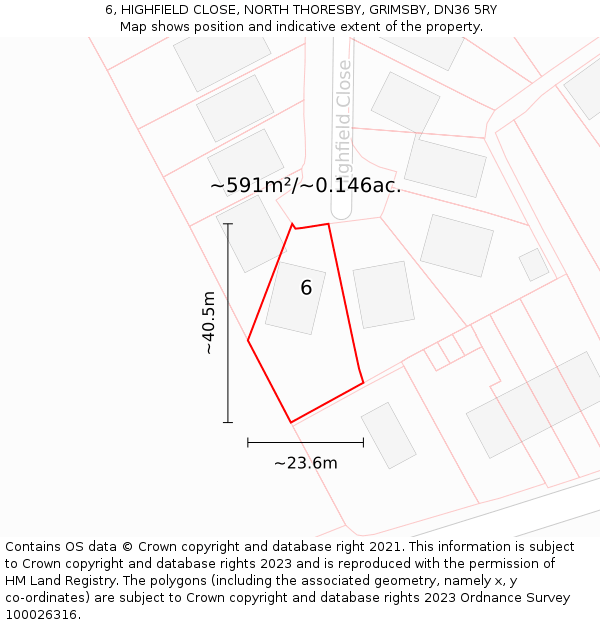 6, HIGHFIELD CLOSE, NORTH THORESBY, GRIMSBY, DN36 5RY: Plot and title map