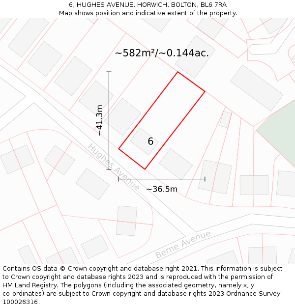 6, HUGHES AVENUE, HORWICH, BOLTON, BL6 7RA: Plot and title map