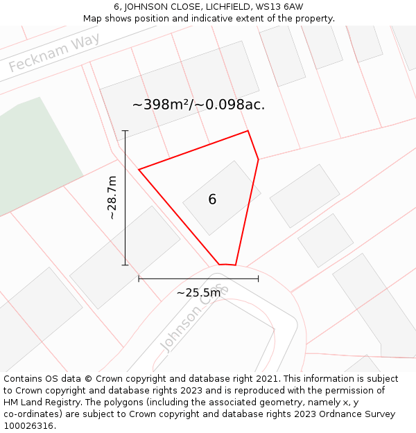 6, JOHNSON CLOSE, LICHFIELD, WS13 6AW: Plot and title map