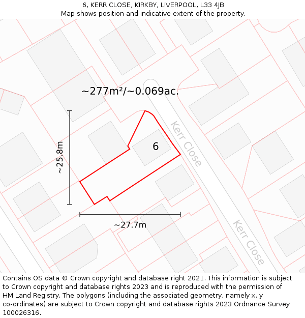 6, KERR CLOSE, KIRKBY, LIVERPOOL, L33 4JB: Plot and title map