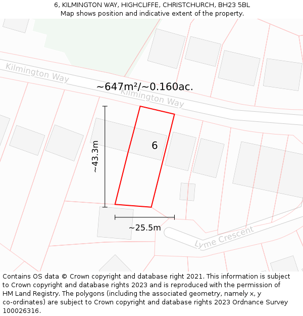 6, KILMINGTON WAY, HIGHCLIFFE, CHRISTCHURCH, BH23 5BL: Plot and title map