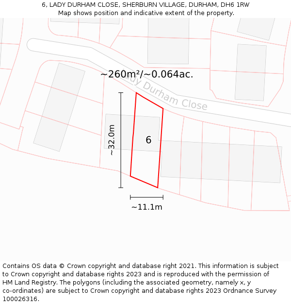6, LADY DURHAM CLOSE, SHERBURN VILLAGE, DURHAM, DH6 1RW: Plot and title map