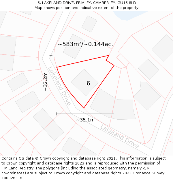 6, LAKELAND DRIVE, FRIMLEY, CAMBERLEY, GU16 8LD: Plot and title map