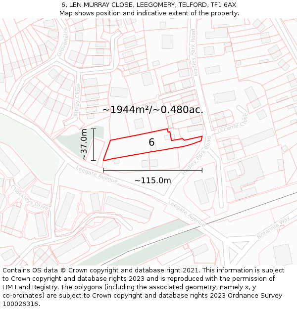 6, LEN MURRAY CLOSE, LEEGOMERY, TELFORD, TF1 6AX: Plot and title map