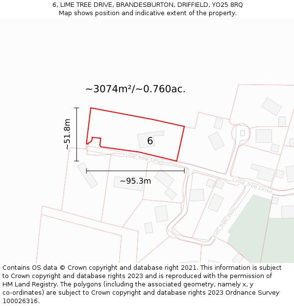 6, LIME TREE DRIVE, BRANDESBURTON, DRIFFIELD, YO25 8RQ: Plot and title map