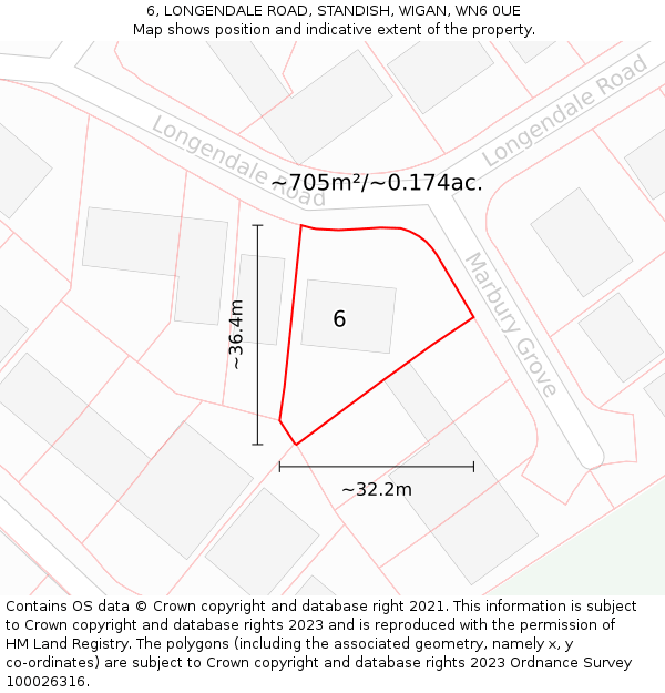 6, LONGENDALE ROAD, STANDISH, WIGAN, WN6 0UE: Plot and title map