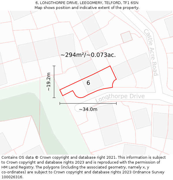 6, LONGTHORPE DRIVE, LEEGOMERY, TELFORD, TF1 6SN: Plot and title map