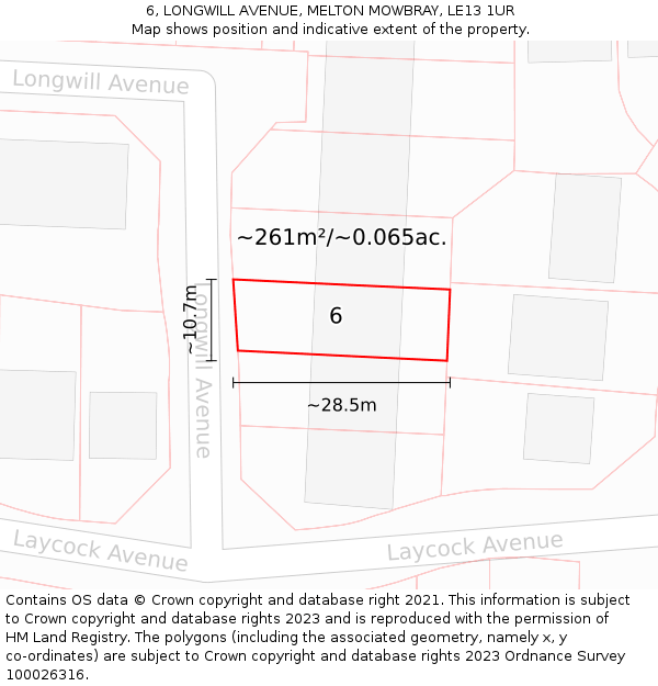 6, LONGWILL AVENUE, MELTON MOWBRAY, LE13 1UR: Plot and title map