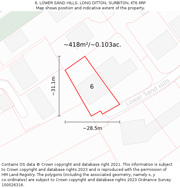 6, LOWER SAND HILLS, LONG DITTON, SURBITON, KT6 6RP: Plot and title map