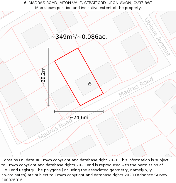 6, MADRAS ROAD, MEON VALE, STRATFORD-UPON-AVON, CV37 8WT: Plot and title map